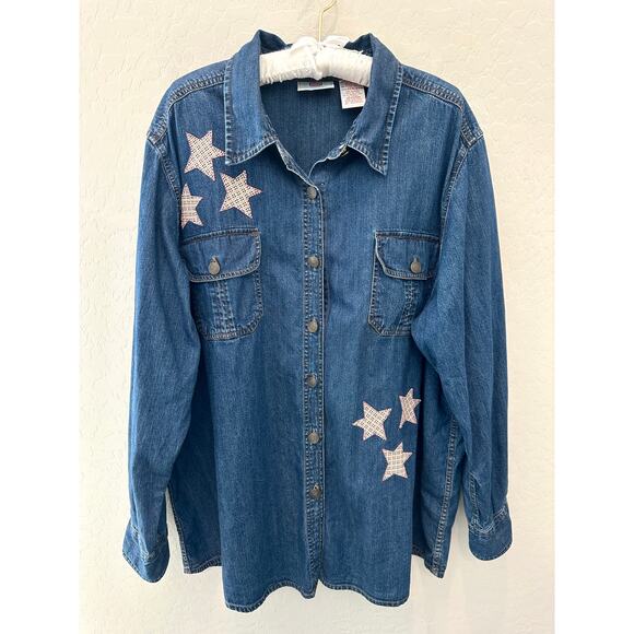 FADED GLORY | Denim Shirt Lighthouse & Star Appliqué Coastal Americana | 22W/24W - Picture 1 of 7